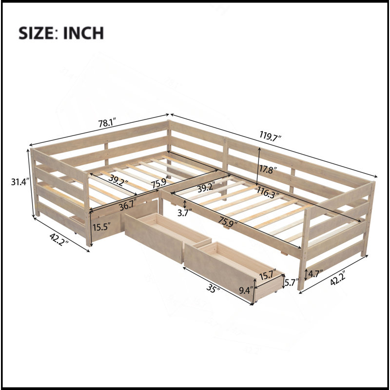 Lit plateforme simple en forme de L avec trois tiroirs de rangement, Naturel