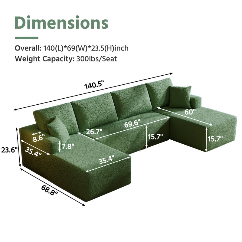 Canapé modulaire de 140,5 po à 3 pièces pour canapé modulaire sans assemblage requis, assemblage libre, canapé avec assise profonde et 6 coussins