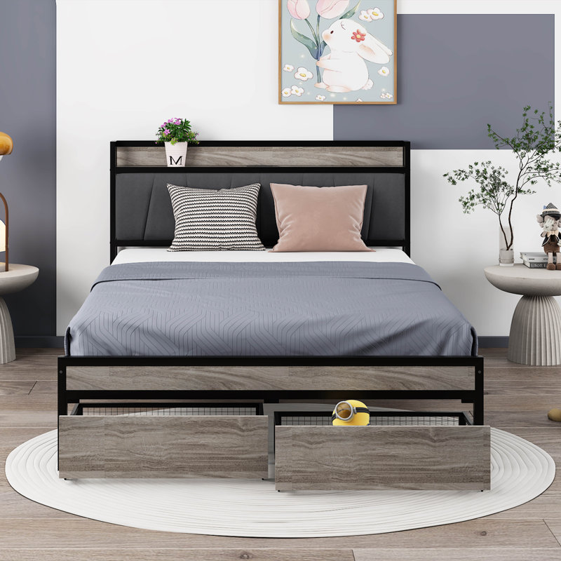 Grand lit avec rangement en métal Daniesha, Double, Noir