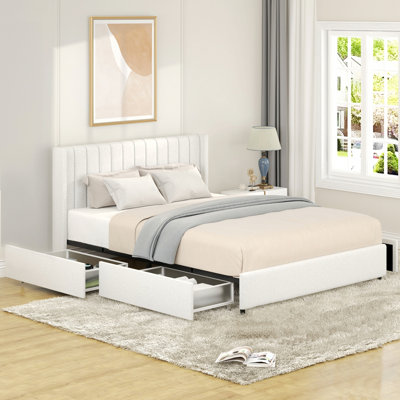 Cadre de lit moderne pour chambre à coucher, chambre d'amis, lit plateforme 1Pc, lit plateforme tapissier avec rangement breveté à 4 tiroirs et tête de lit capitonnée