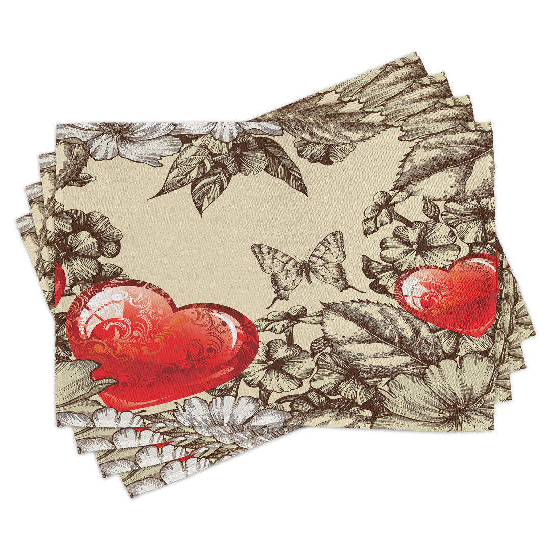 Platzdeckchen 4er Set, Blumen und Schmetterling, Beige Braun Rot