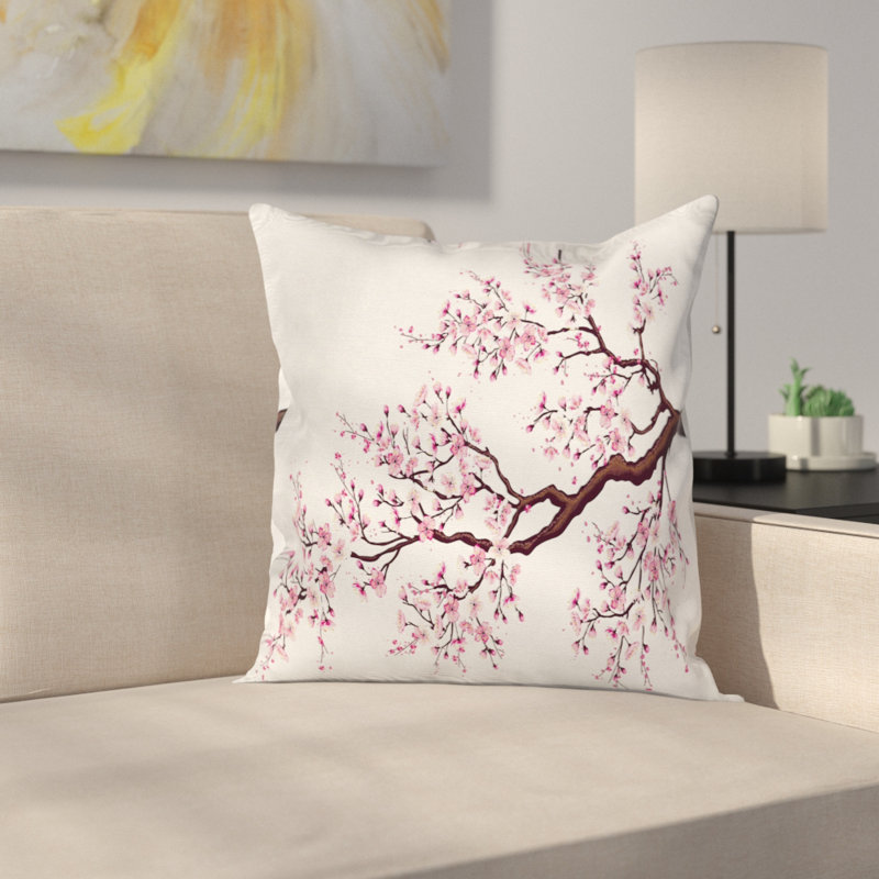 18" White and Pink Sakura Tree Polyester Throw Pillow