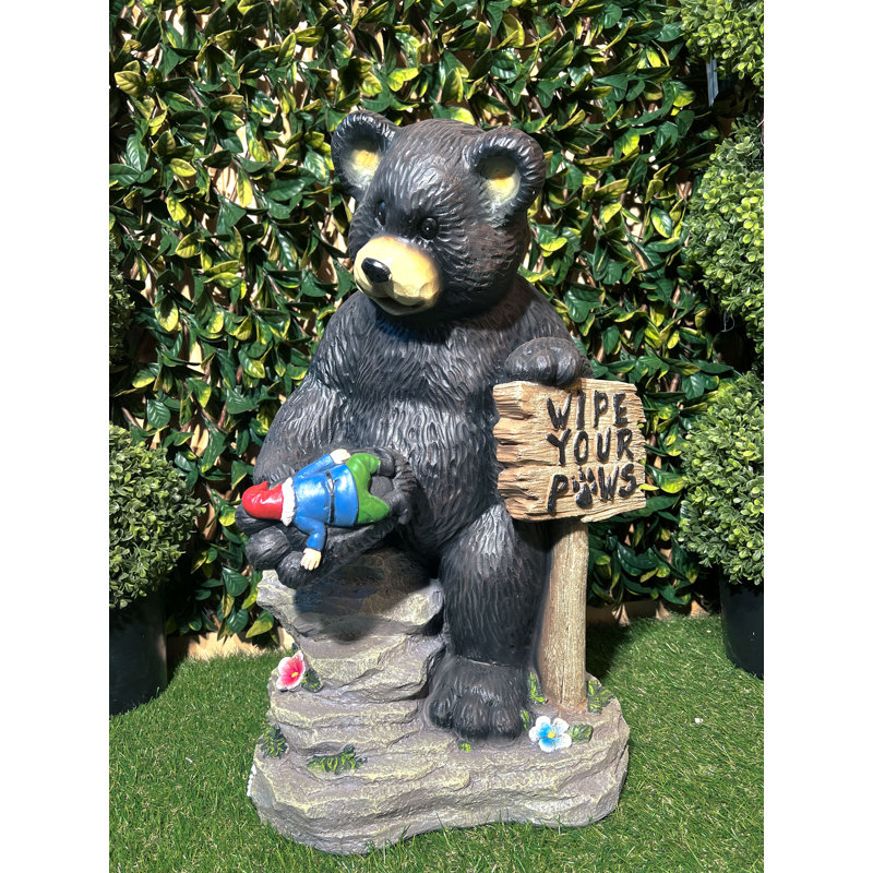 Black Polyresin Bear Holding Sign and Gnome Statue