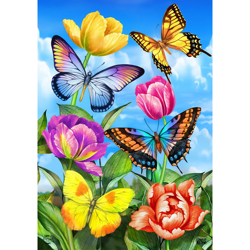 Drapeau de maison papillons et tulipes, Blue/Purple/Yellow Spring