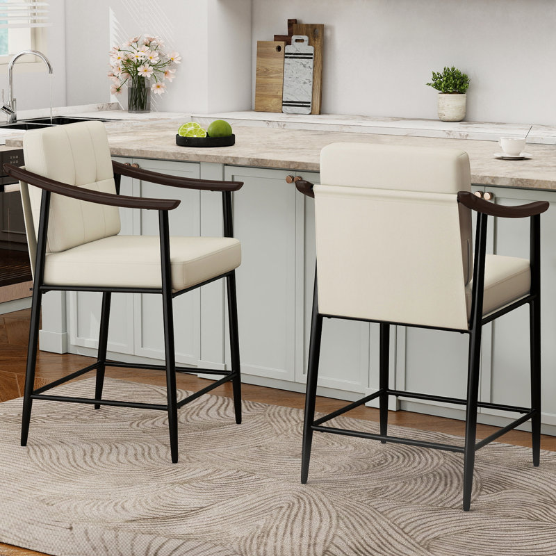 26-inch Medieval Style Bar Stool, Wooden Armrests, Sturdy Thickened Metal Frame, Classic High Stool, Ivory White Leather, 2