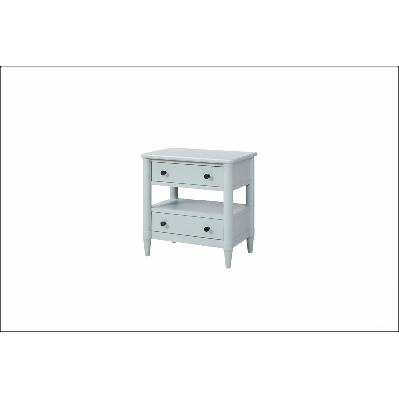 Table de chevet compacte à finition océan avec 2 tiroirs, parfaite pour les chambres modernes et peu encombrantes.