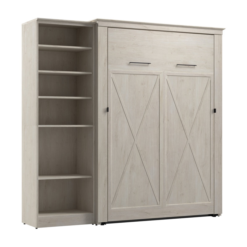 Grand lit escamotable avec rangement pour garde-robe (94 W), Chêne blanc lin, Double