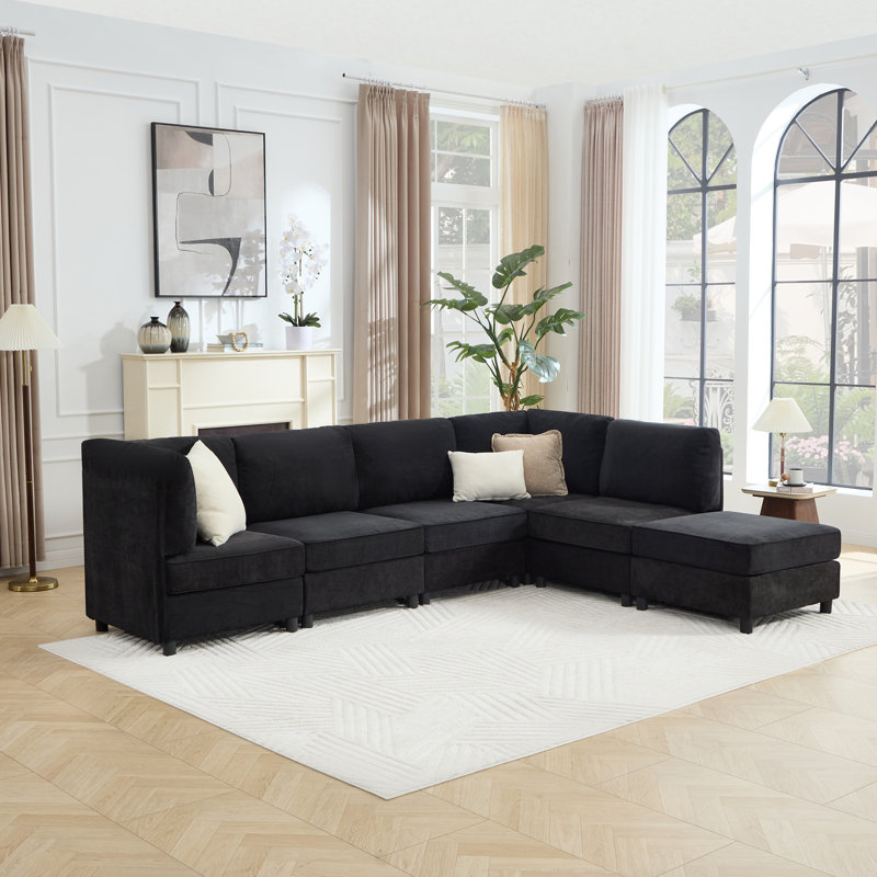 Canapé modulaire rembourré 6 pièces avec repose-pieds 6 pièces, Mélange de polyester noir