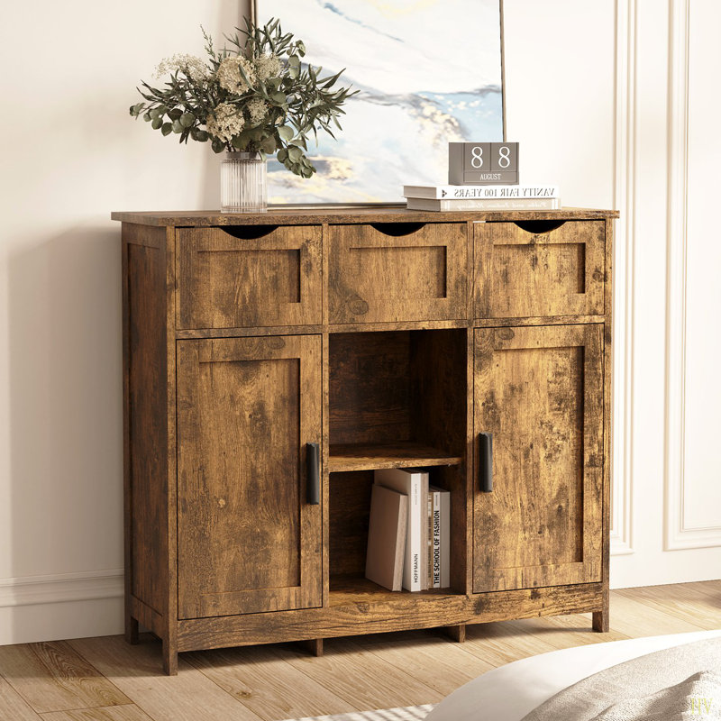 Buffet de 35,4 po de largeur avec 3 tiroirs et 3 tablettes réglables, armoire avec 2 portes, armoire d'appoint, Brun