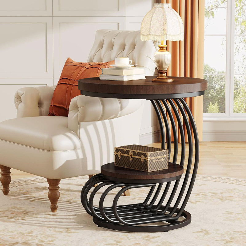 Table d'appoint Ondray, table de bout, table d'appoint, table d'appoint de salon, avec rangement, Noir, Marron foncé