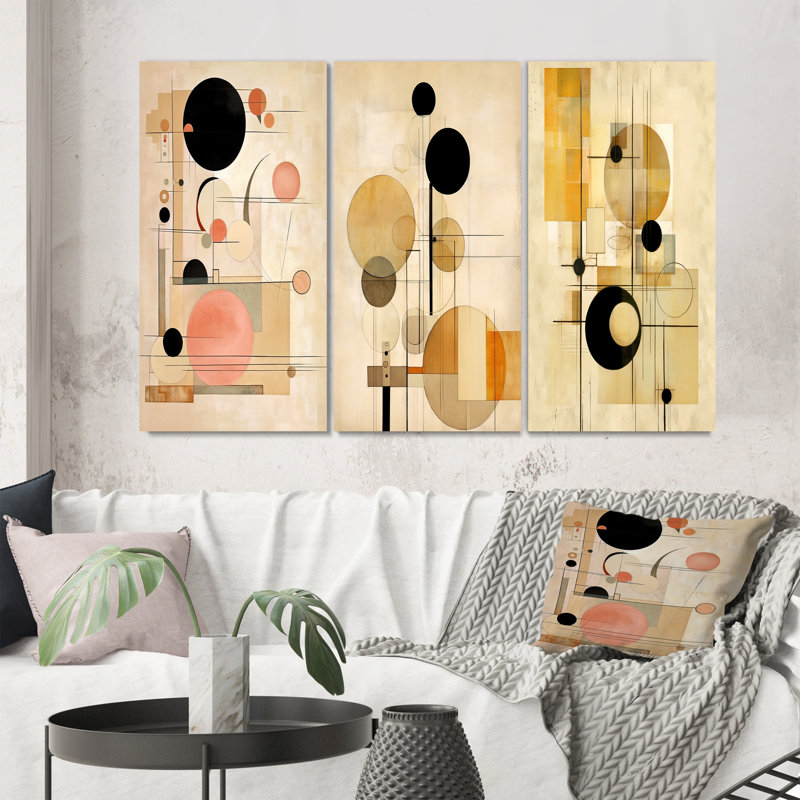 «Beige Geometric In Motion III», 3 pièces sur toile, Toile tendue, H 20 po x l 36 po