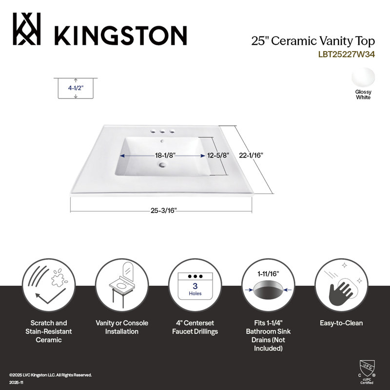 Kingston Brass Continental 25-Inch Ceramic Vanity Sink Top, 4" Centers