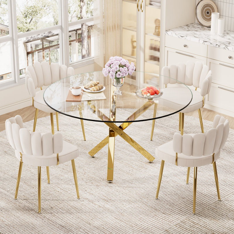 Ensemble de salle à manger rond en verre pour 4-6, 5 pièces: table, 4 chaises, Blanc, H 29,95 po x L 47,2 po x l 47,2 po