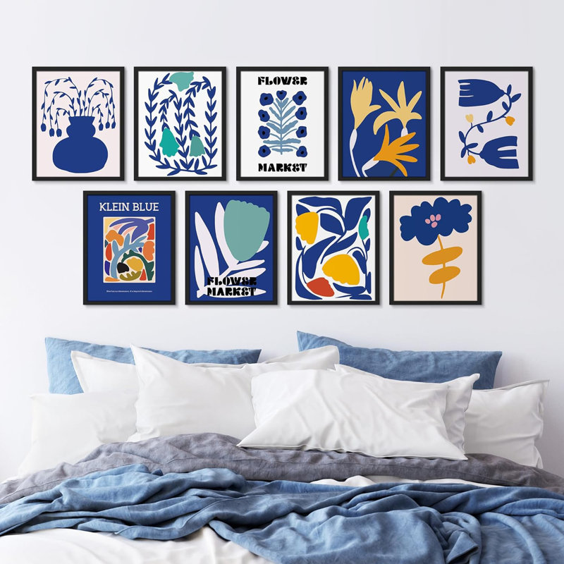 Motif de fleurs botaniques abstraites bleues Mid-Century bleu bohème 9 pièces, Cadre noir, L 8 po x H 10 po