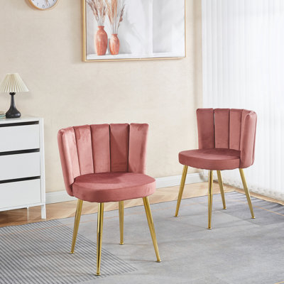 Chaise de salle à manger moderne rose (ensemble de 2) avec pieds en tube de fer de couleur dorée, velours et dossier confortable, convient à la salle à manger, au salon, au café, à la structure simple.