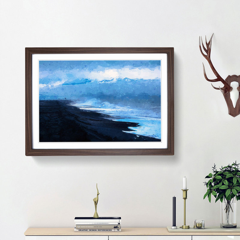 Mountain Beach in Abstract - Picture Frame Painting Print, 27cm H x 36cm W x 2cm D, Walnut Framed