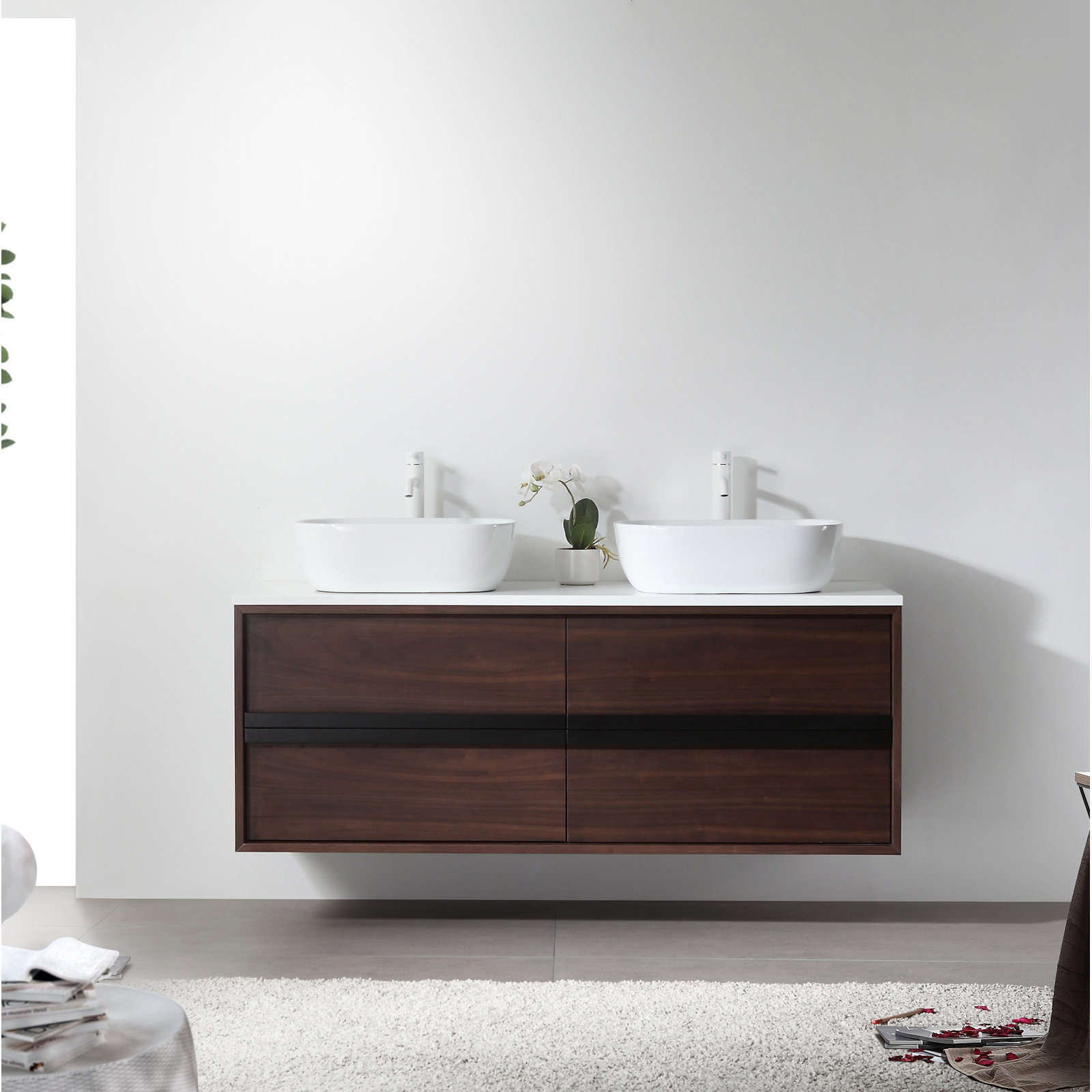 Sintra 55'' Natural Wood Veener Plywood Bathroom Vanity with Engineered Quartz Top, Dark Walnut