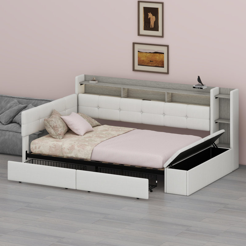 Smart Daybed with Integrated Charging Station and LED Lighting, Beige