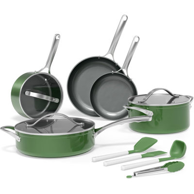 Bakken 12-piece Aluminum Cookware Set With Ceramic Nonstick Coating, Ptfe & Pfas Free, All Stovetop Safe Up To 500°f, Pots And Pans Set With Lids, Silicone Utensils Included, Dishwasher Safe, Green