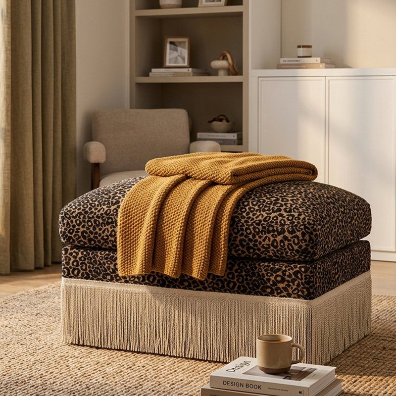 Leopard Print Chenille Upholstered Ottoman, Tassel Trim Accent Ottoman No Assembly for Living Room，Black, Black