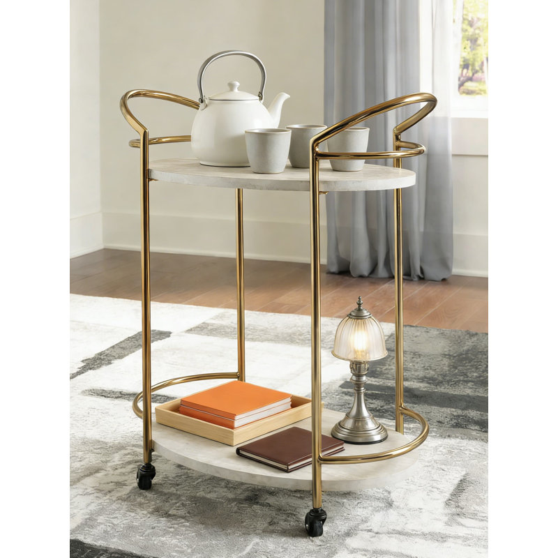 Modern Bar Cart With 2 Travertine Style Shelves, Cream And Gold Finish, Mobile Serving Cart For Living Room, Dining Room, Or Kitchen