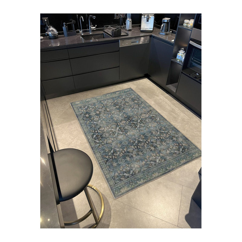 Tapis tissé à motif géométrique lavable anthracite, Sous-tapis carré 3 pi 3 po inclus
