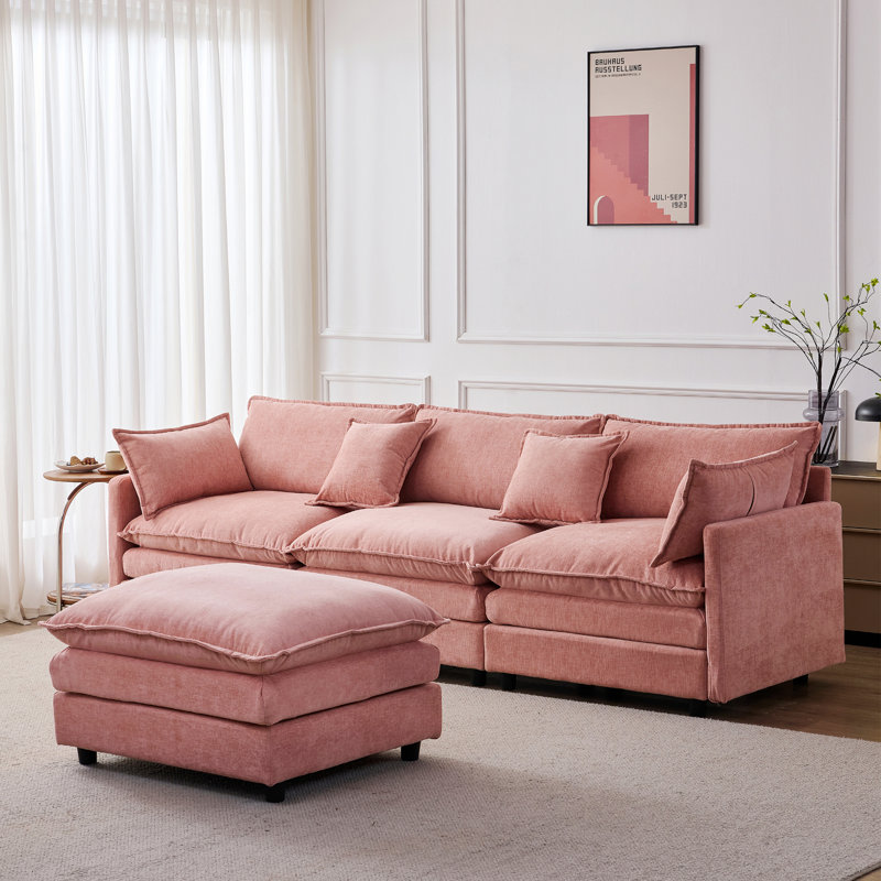 Canapé modulaire modulaire, canapé rembourré, canapé 3 places avec repose-pieds, Rose