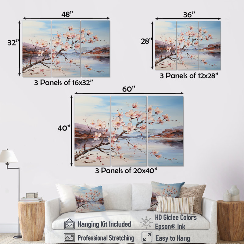 Cornouiller fleurissant sur la plage - ensemble d'art mural en toile de cornouiller, Toile tendue, H 32 po x l 48 po x P 1 po
