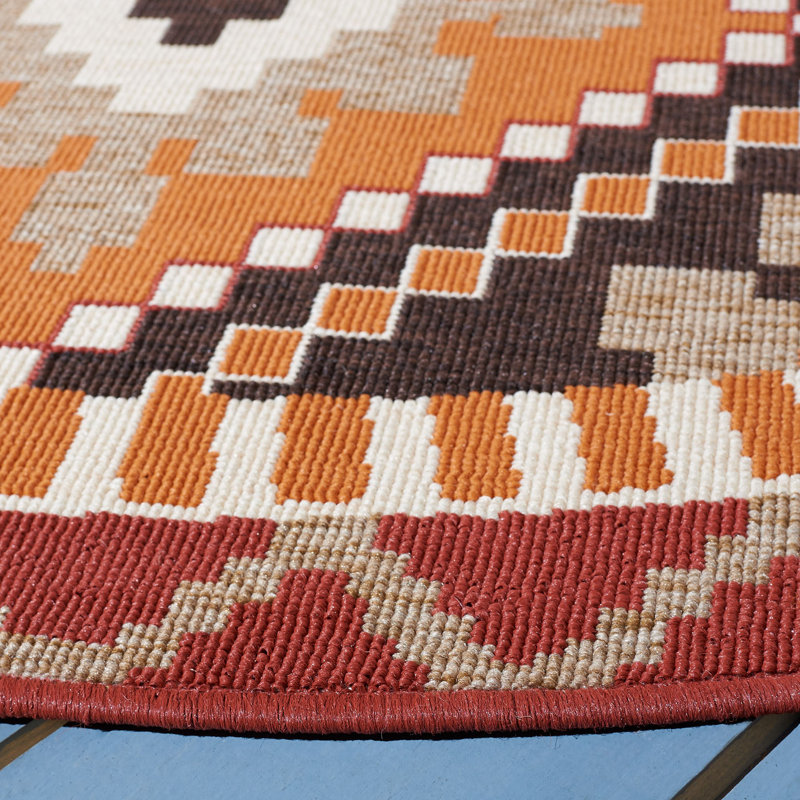 Tapis intérieur / extérieur à motif géométrique rouille / noir Northpoint, Rond 3 pi