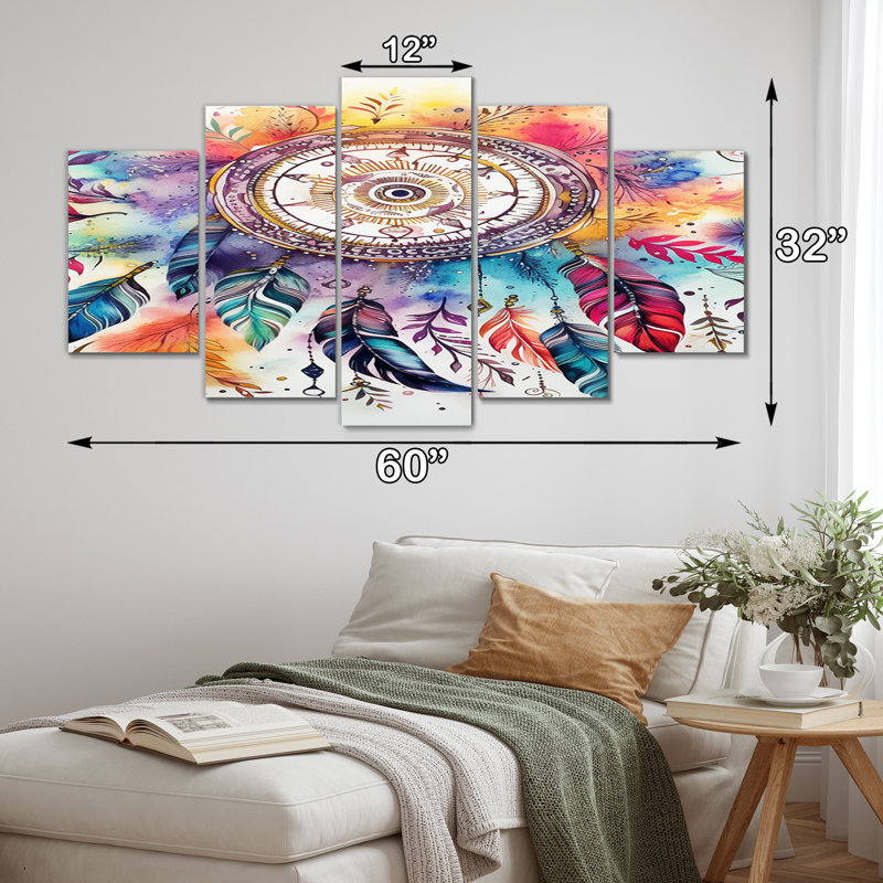 Rainbow Boho Dreamcatcher aquarelle - décoration murale Dream Catcher - 5 panneaux