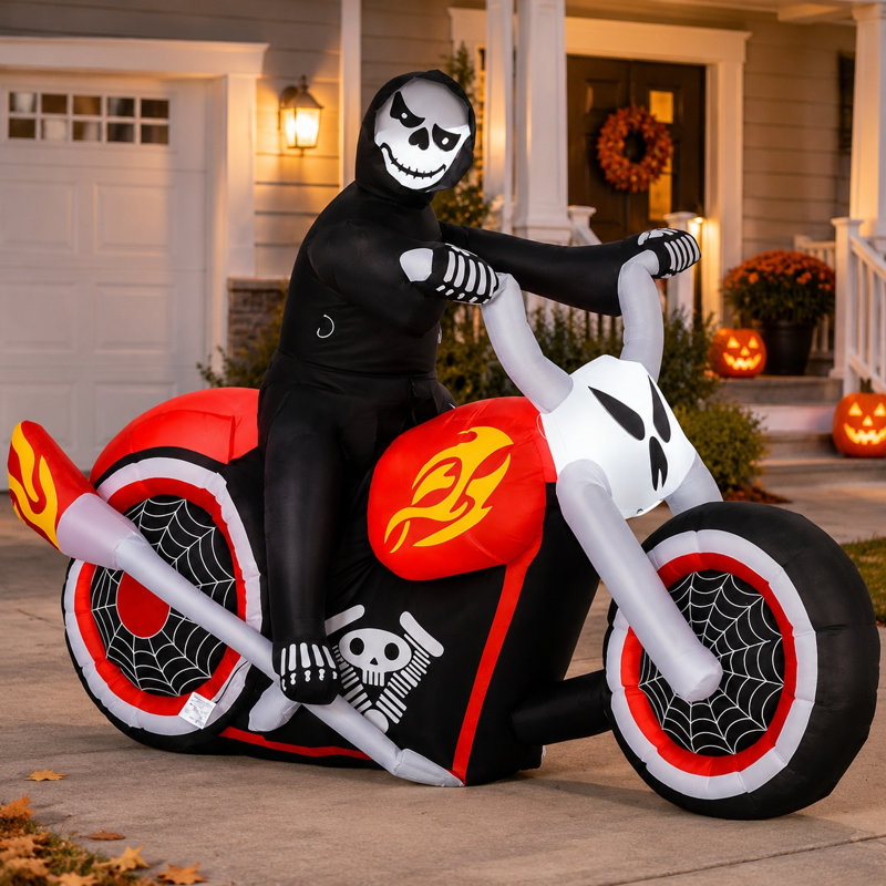 Faucheuse gonflable d'Halloween de 119 cm (47 pouces) à vélo avec lumières DEL, noire, rouge et blanche