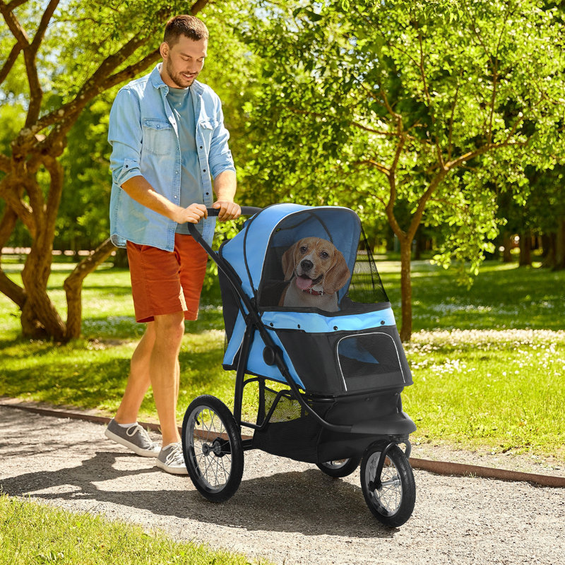 Poussette pour chat pliable 3 grandes roues avec auvent réglable, Bleu