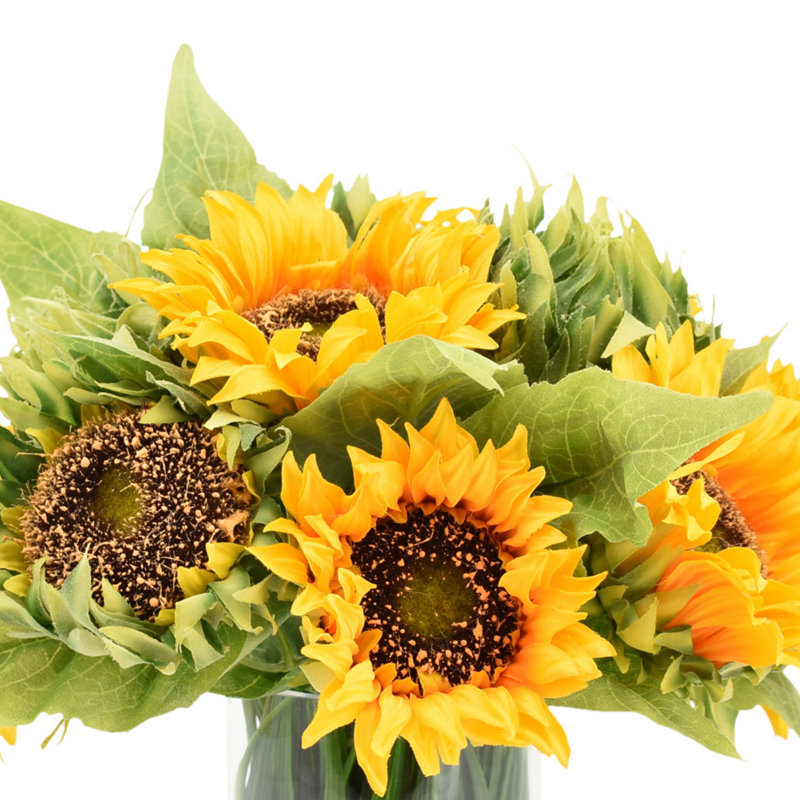Sunflowers In Glass Vase With Grass, Yellow