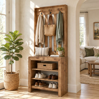 Portemanteau en bois massif avec rangement pour chaussures, portemanteau 68 po