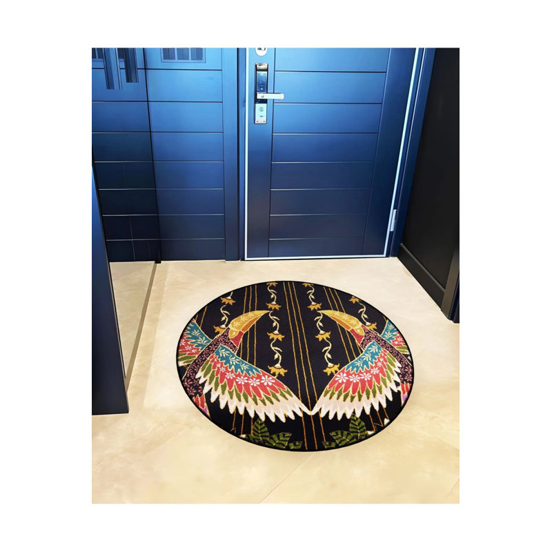 Multicolored Ethnic Pattern Bird Detailed Woven Base Modern Decorative Carpet, Round 5'