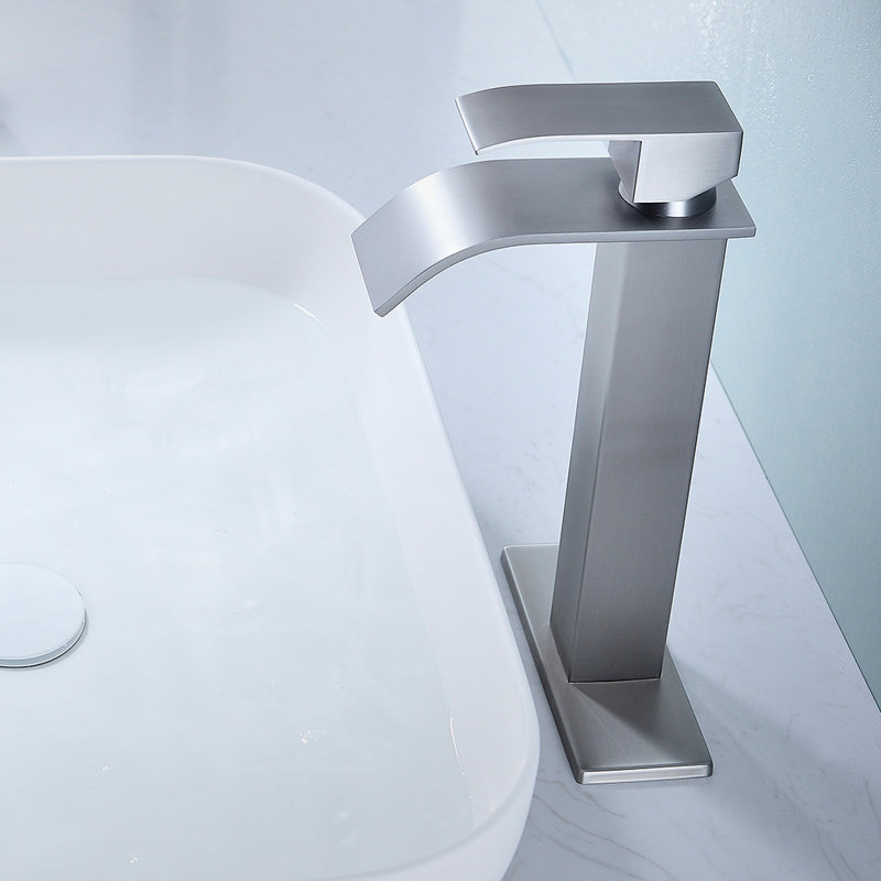 Robinet de lavabo de salle de bain monocommande à grande arche et cascade avec plateforme en nickel brossé, Nickel brossé