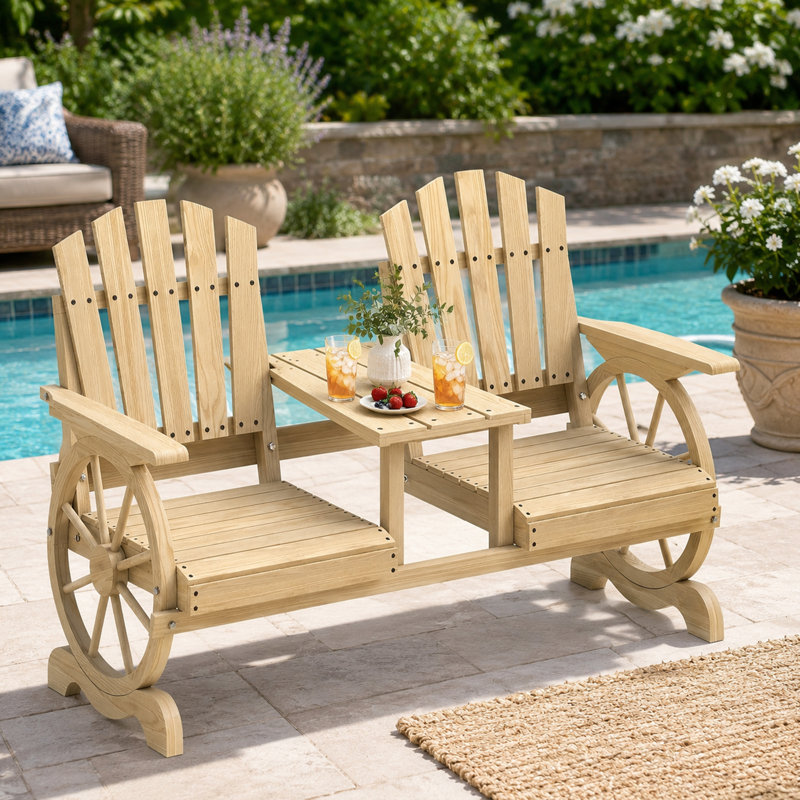Banc de patio en bois massif pour 2 personnes avec table et trou pour parasol, Brun
