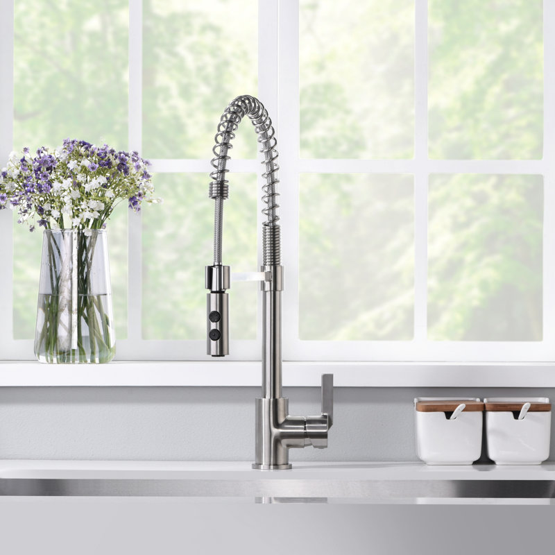 Euro Collection High-Arc Single Handle Kitchen/Bar Faucet with 2-Function Pull-Down Spring Spout Sprayer - Brushed Nickel