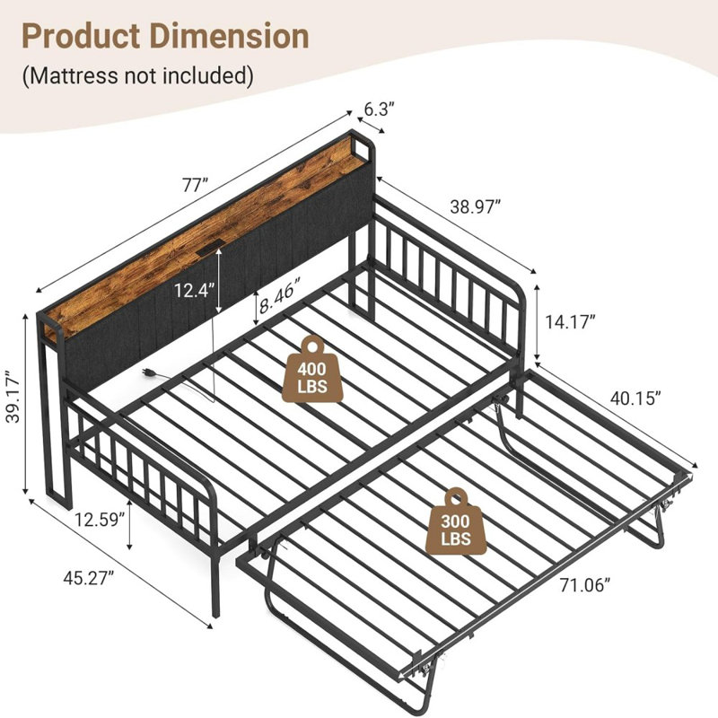 Daybed with Trundle, Sturdy Metal Twin Bed Frame with Upholstered Headboard and Charging Station for Living Room