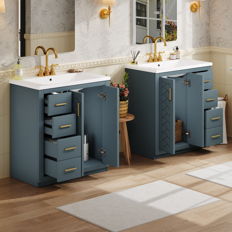 Ensemble de meuble-lavabo 60 po avec lavabo en céramique, armoire de rangement en bois massif, ensemble de meuble-lavabo autoportant avec 3 tiroirs et portes à fermeture douce