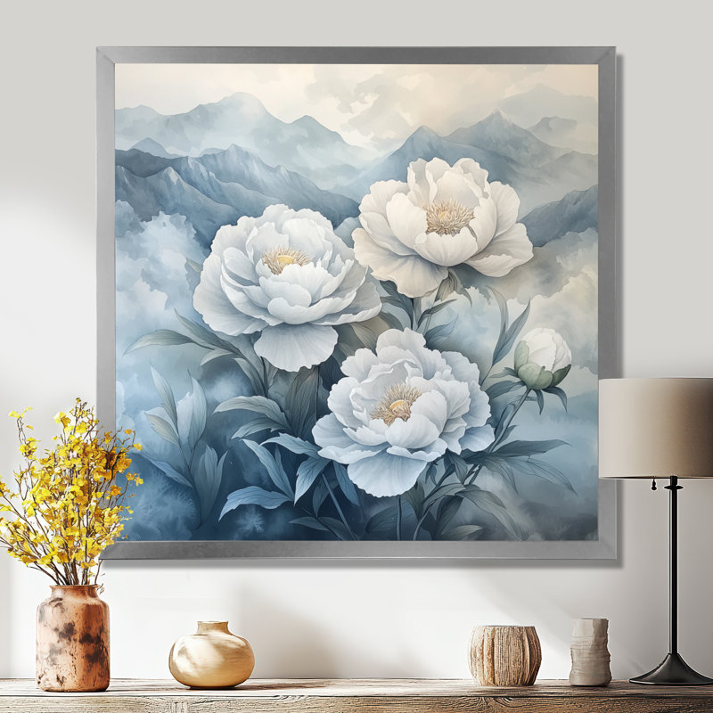 Givinda, pivoines dans les montagnes brumeuses I - pivoines, art mural, H 16 po x l 16 po, Argent argent