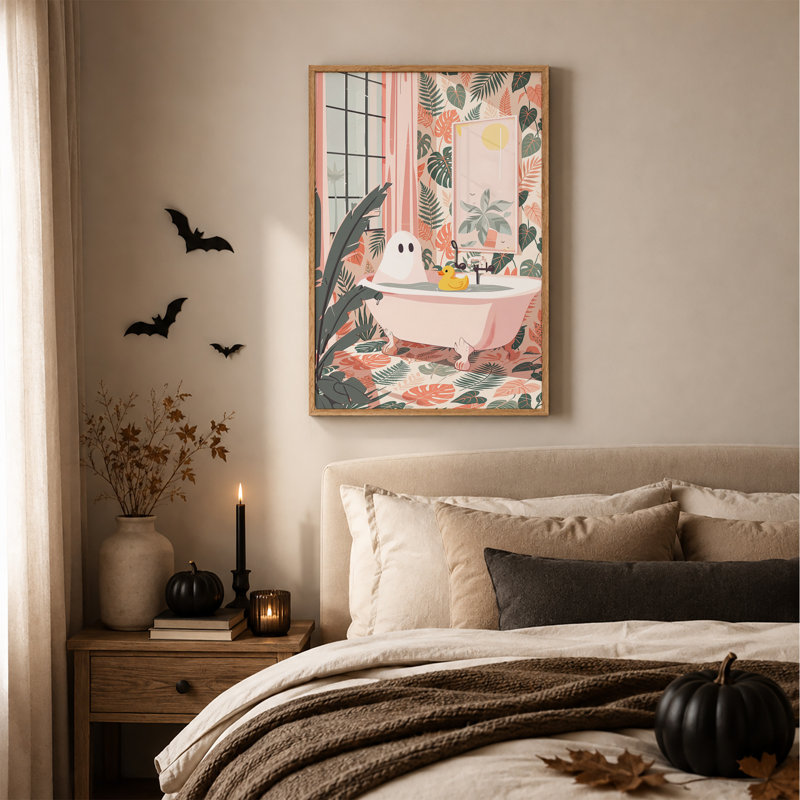 Art mural sur toile avec fantôme blanc dans une baignoire rose avec feuilles tropicales, H 48 po x l 32 po