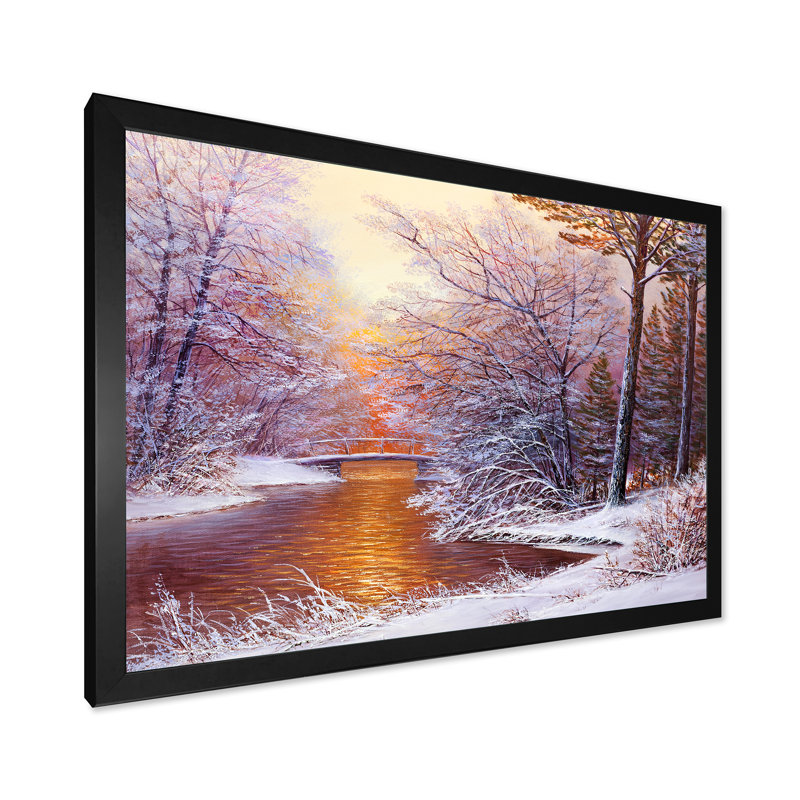 Forêt de Noël avec rivière et arbres II - peinture sur toile, H 16 po x l 32 po x p 1 po, Cadre photo noir