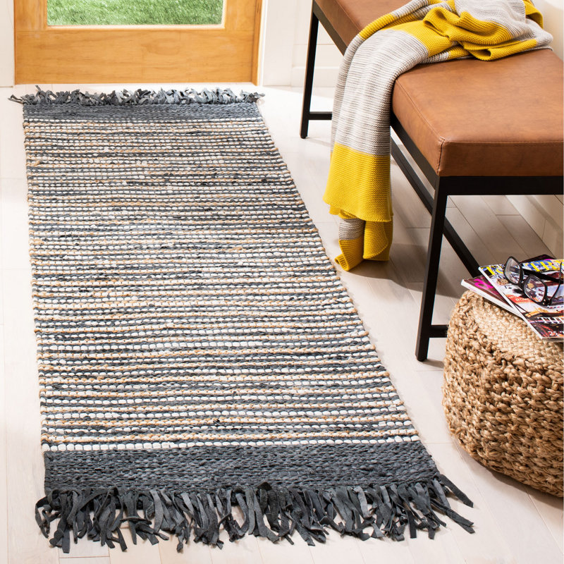 Exley Vintage Leather Hand Woven Leather Cotton/Jute Striped Rug in Dark Gray, Runner 2'3" x 6'