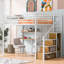 Lit mezzanine double en métal avec garde-robe, bureau, tablettes de rangement, blanc