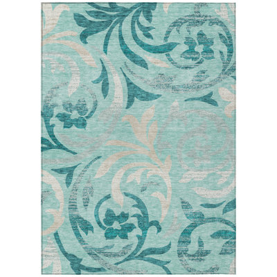 Tapis extérieur lavable floral bleu sarcelle 3 pi x 5 pi turquoise et beige