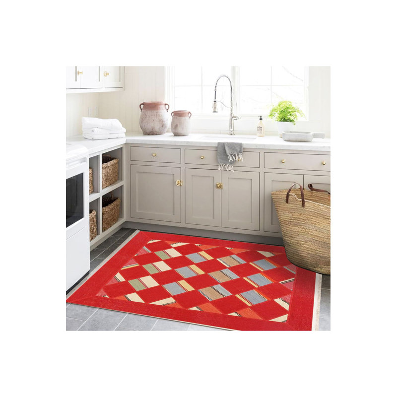 Tapis décoratif rectangulaire rouge géométrique lavable à la machine, Sous-tapis rectangulaire de 3 pi 3 po x 4 pi 11 po