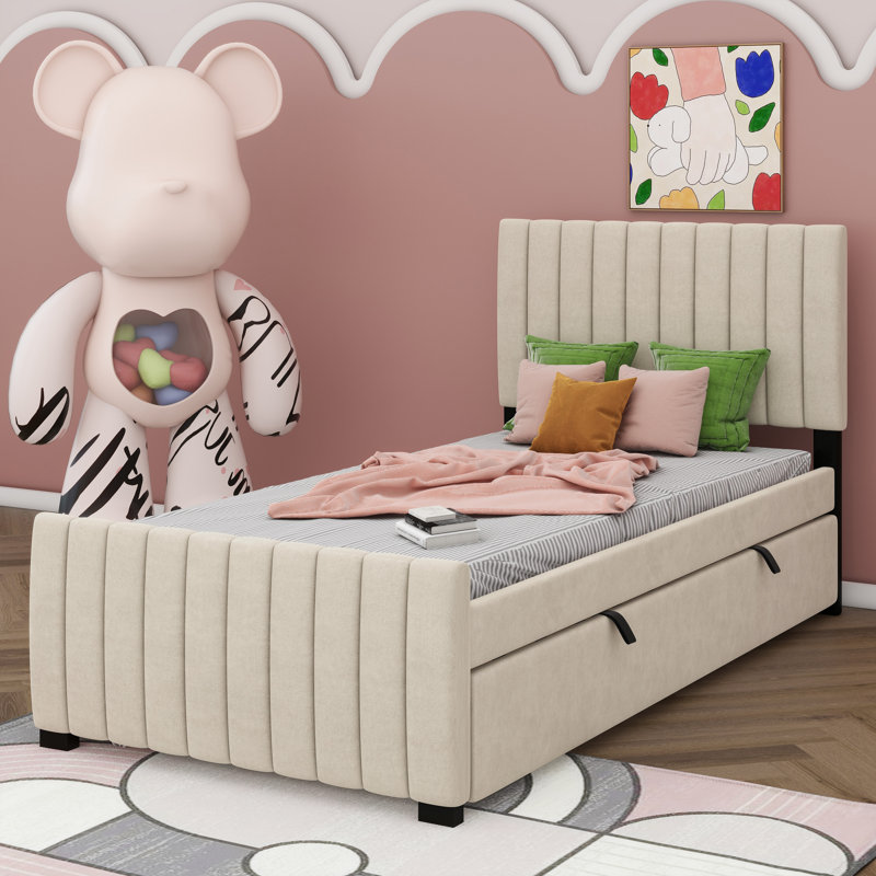 Twin-Sized Velvet-Upholstered Platform Bed With An Integrated Twin-Sized Trundle Bed, Beige