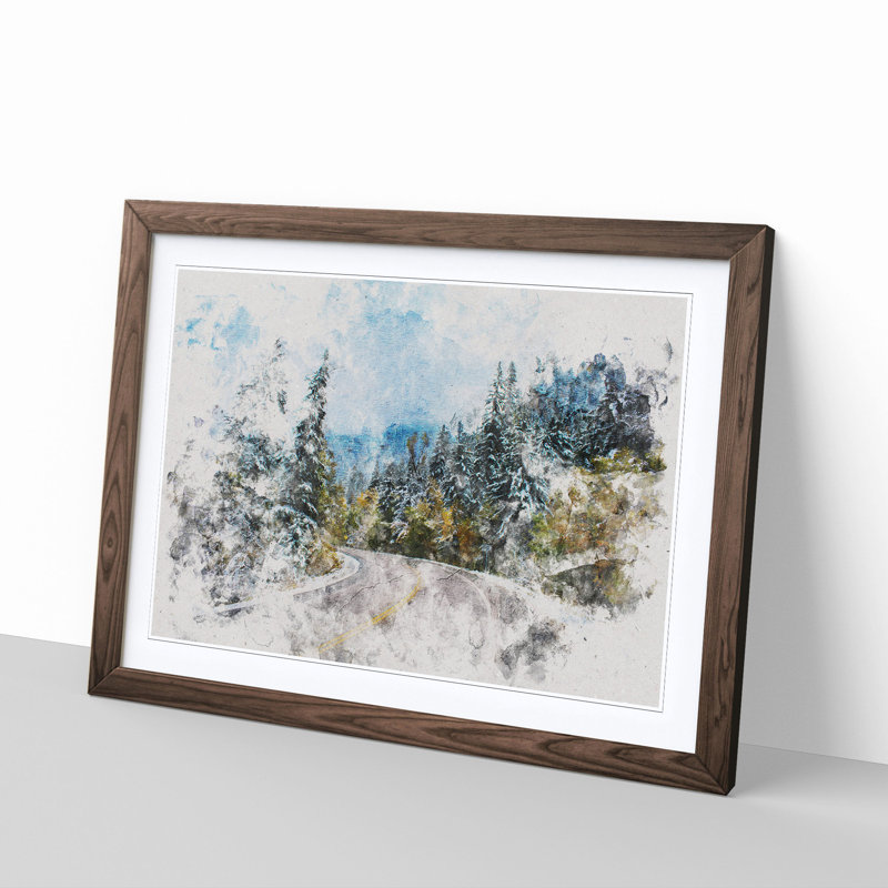 Winter Forest Road Watercolour - Single Picture Frame Print on MDF, 62cm H x 87cm W x 2cm D, Walnut Framed