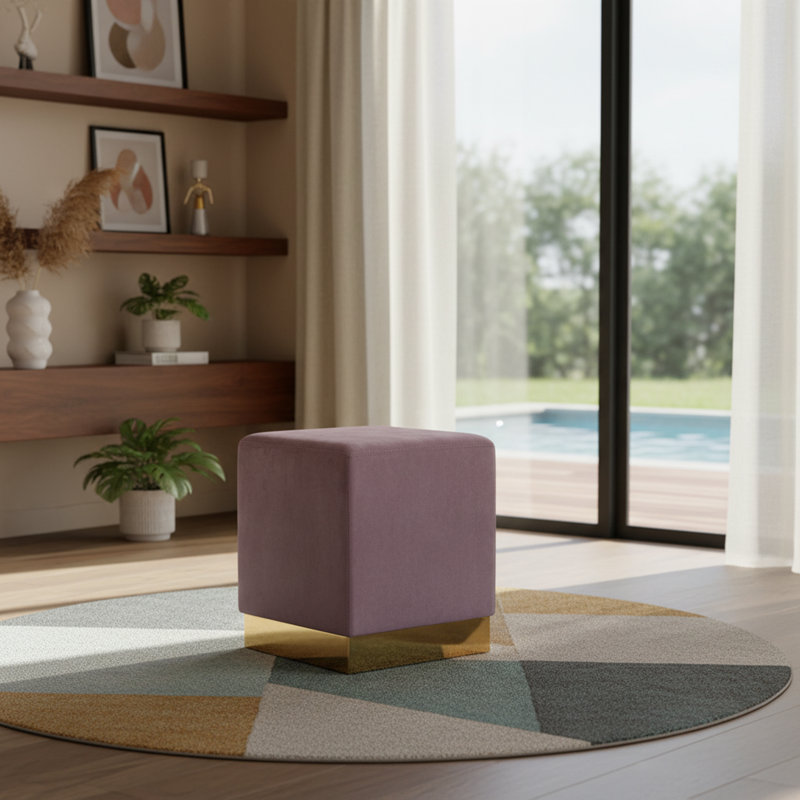Annora Velvet Ottoman, Gold, Pink Velvet